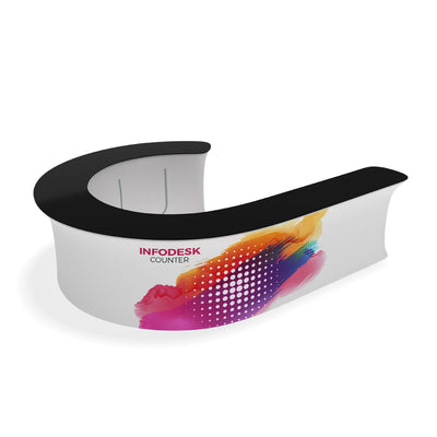 Curved info desk counter with graphic print, ideal for trade shows and exhibition booths