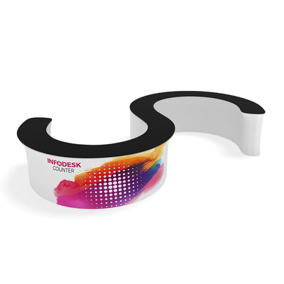 Curved modular info desk counter with vibrant graphic wrap for trade shows and exhibitions
