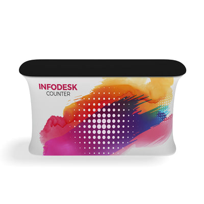 Trade show infodesk counter with vibrant graphic print and black tabletop for exhibitions and events