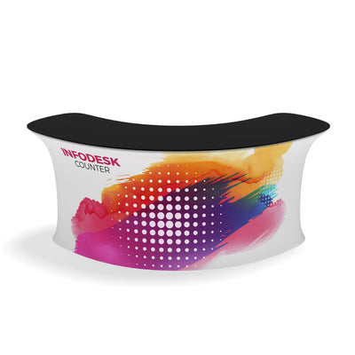 Curved three-panel trade show info desk counter with vibrant graphic wrap for exhibitions and events