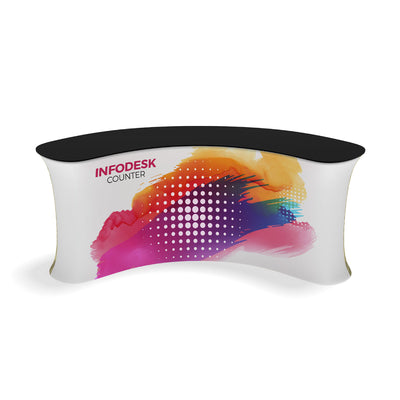 Curved info desk counter with vibrant graphic design for trade shows and exhibitions