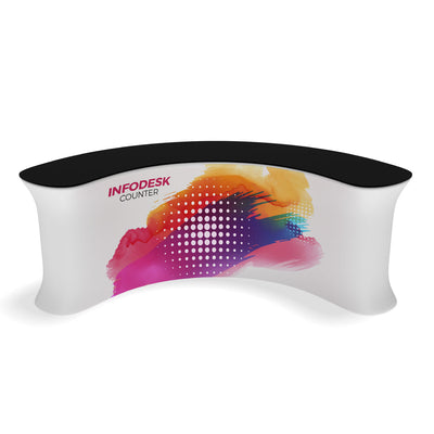 Curved info desk counter with vibrant graphic wrap for trade shows and exhibitions