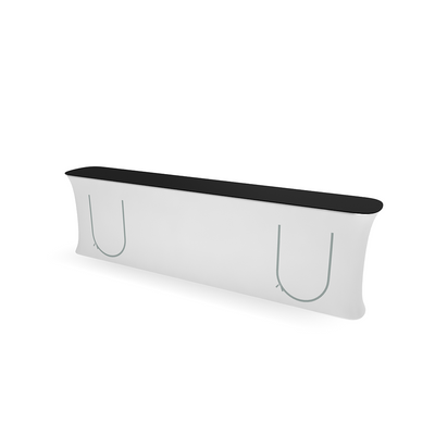 Curved stretch fabric counter with solid top, ideal for trade show and event displays