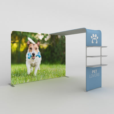 Trade show display booth featuring large graphic of running dog with toy, shelving unit, and pet lovers branding
