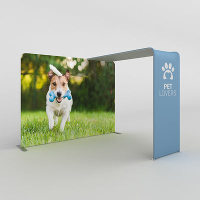 Trade show display showcasing pet lovers banner with dog playing in grass for exhibitions and events