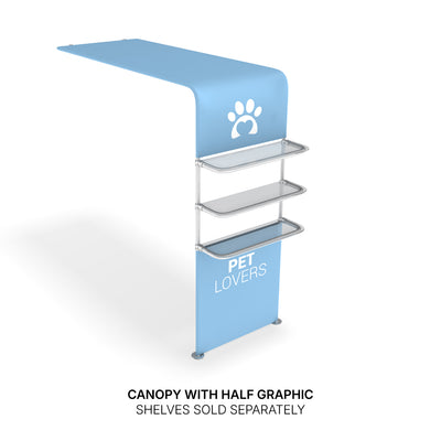 Trade show canopy with integrated graphic and shelves, ideal for exhibitions and special event displays
