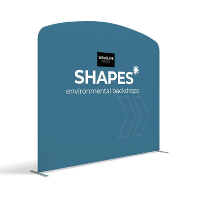 Curved environmental backdrop display for trade shows and exhibitions featuring branding graphics