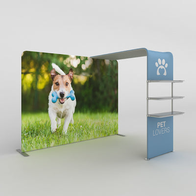 Trade show canopy booth with large dog image holding toy, featuring branded shelves for exhibitions and events