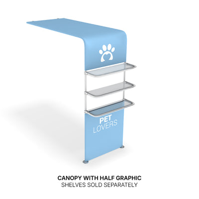 Trade show canopy display with half graphic and shelves for exhibitions and special events