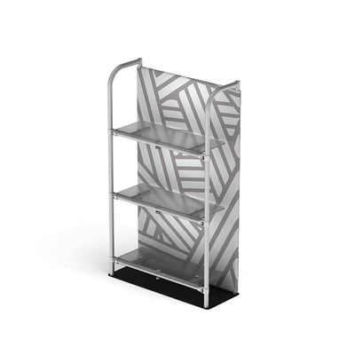 Three-tier merchandiser display rack with patterned backdrop for trade shows and exhibitions