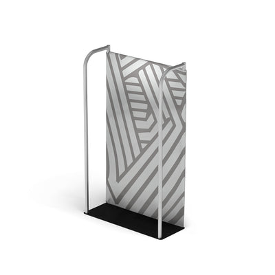 Freestanding trade show display with graphic panel and metal frame for exhibitions and events