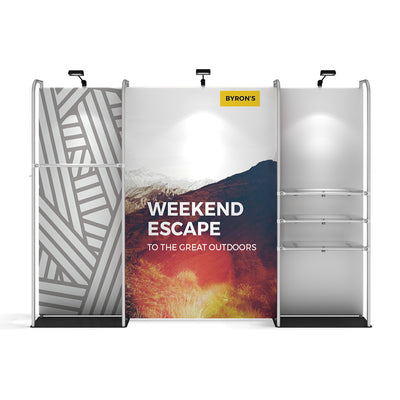 Trade show display kit with graphic panels and shelves for exhibitions and special events
