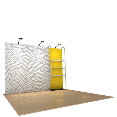 Trade show display with printed backdrop, spotlighting, shelving, and wood flooring for exhibitions