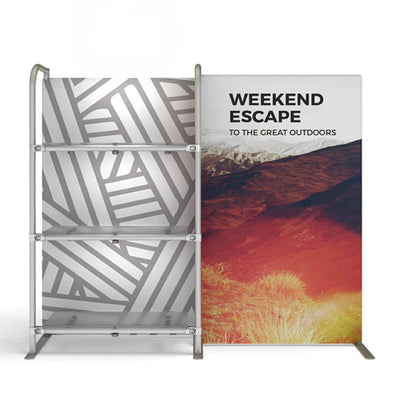 Trade show display with shelving unit and large graphic panel featuring outdoor-themed branding for exhibitions and events