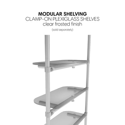 Modular shelving system with clamp-on plexiglass shelves for trade shows and exhibitions