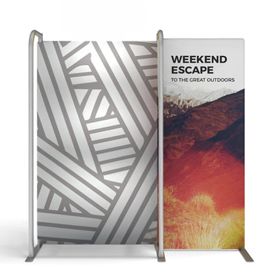 Portable trade show displays featuring geometric and outdoor mountain graphics for exhibitions and events