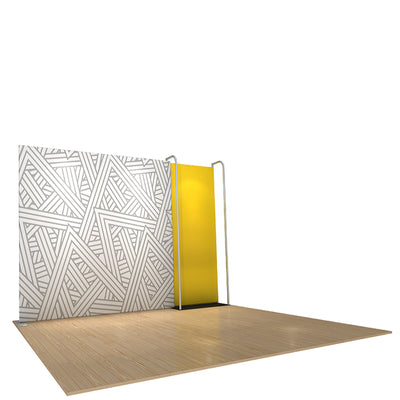 Exhibition display booth with geometric patterned backdrop and a separate panel, set on wooden flooring for trade shows