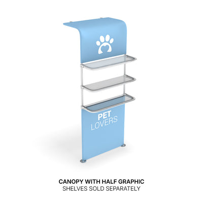 Trade show canopy display with graphic panel and three metal shelves for exhibitions or events