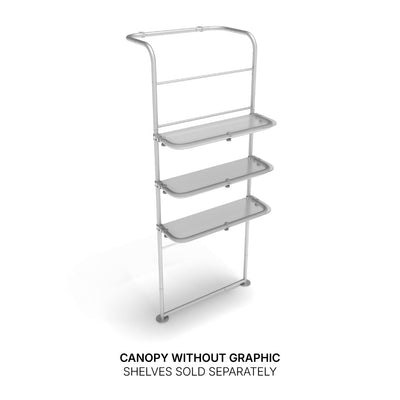 Portable trade show canopy frame with attachable display shelves for exhibitions and events