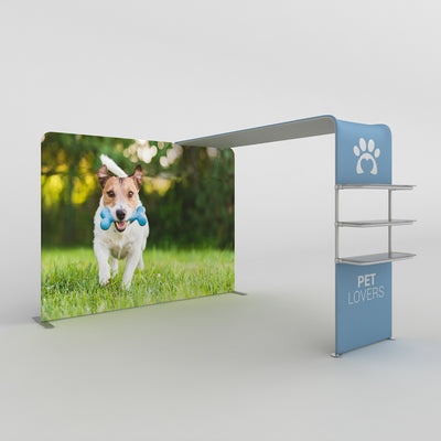 Trade show canopy with large dog image and shelving, ideal for pet lovers exhibitions and events