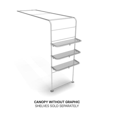 Trade show canopy frame with three attached display shelves for exhibitions and events