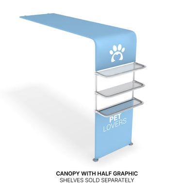Trade show canopy with half graphic and three display shelves for exhibitions and special events