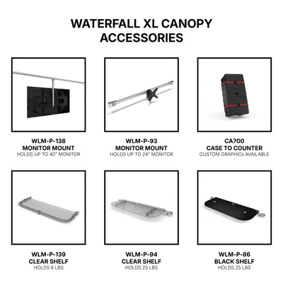 Waterfall XL canopy accessories for trade shows including monitor mounts and shelves