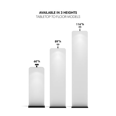 Three vertical trade show banner stands of varying heights for exhibitions and special events