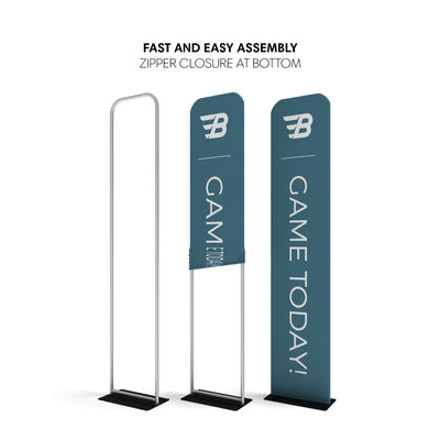 Trade show banner stand with easy zipper assembly and fabric graphic for exhibitions and events
