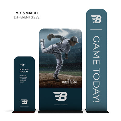 Trade show banner stands featuring sports-themed displays for exhibitions and special events
