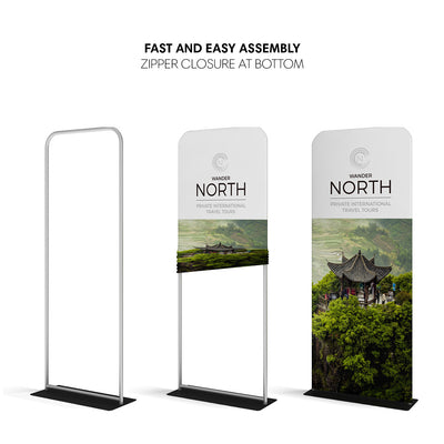 Trade show banner stand with fast assembly, zipper closure, showcasing travel tour graphics