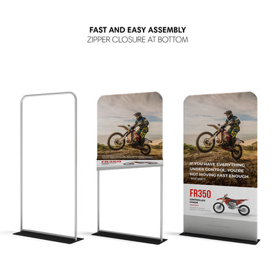 Trade show banner stand with frame, pop-up graphic, and full display showcasing motocross bike for exhibitions