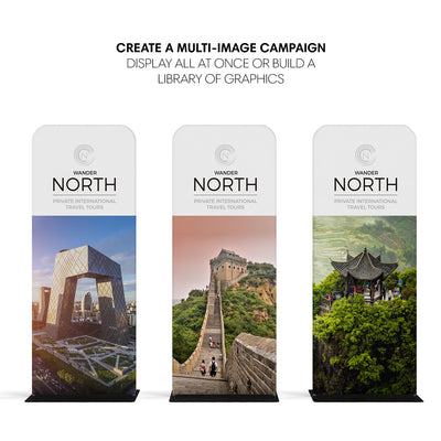 Three tall fabric banner stands showcasing travel tour graphics for trade shows and special events