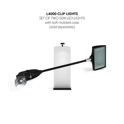 LED clip light attached to trade show banner stand for exhibitions and special events