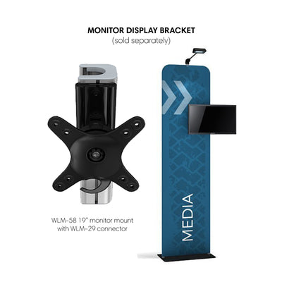Trade show banner stand with media branding and attachable monitor display bracket for exhibitions and events