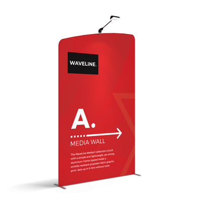 WaveLine media wall display with integrated spotlight for trade shows and exhibitions
