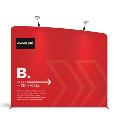WaveLine Media Wall with lightweight aluminum frame and fabric graphic for trade shows and events