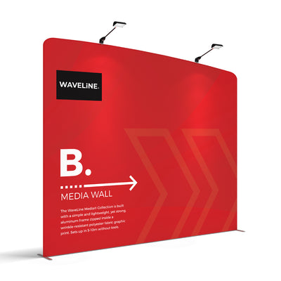 WaveLine Media Wall display with aluminum frame and fabric graphic for trade shows and exhibitions