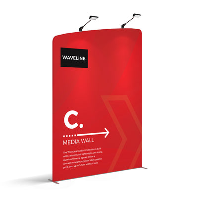 Trade show media wall display panel with printed fabric graphic and integrated lighting for exhibitions
