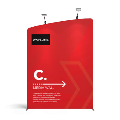 WaveLine media wall display with aluminum frame and fabric graphic, ideal for trade shows and exhibitions