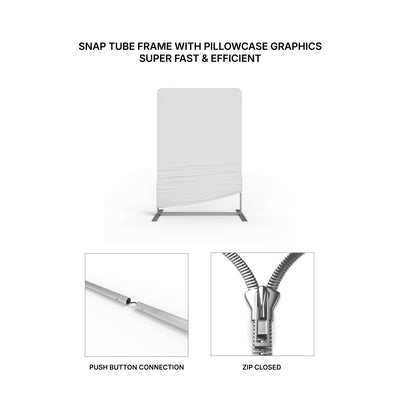 Snap tube frame with pillowcase graphic display featuring push button connection and zip closure for trade shows and exhibitions