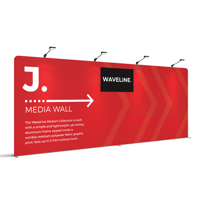 Large trade show media wall display with aluminum frame and fabric graphic, ideal for exhibitions