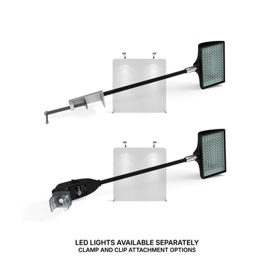 LED lighting solutions with clamp and clip attachments for trade shows and exhibition displays