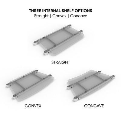 Internal shelf options for trade show info desk with straight, convex, and concave designs for exhibitions
