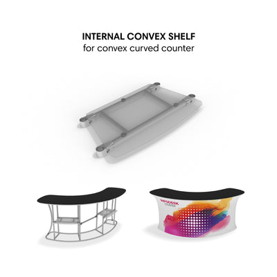 Internal convex shelf for curved exhibition counters, trade show display component, special event info desk