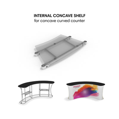Internal concave shelf for curved trade show counters and exhibition info desks