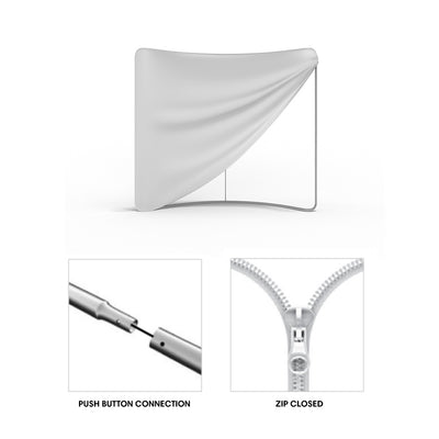 Curved trade show fabric display with push button frame connection and zipper closure for exhibitions