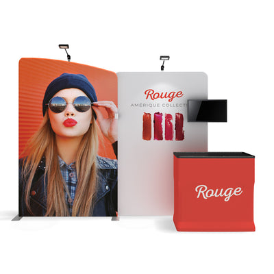 Trade show display with branded backdrop, promotional counter, and mounted monitor for exhibitions and events