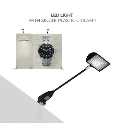 LED light with plastic C-clamp for illuminating trade show and exhibition displays