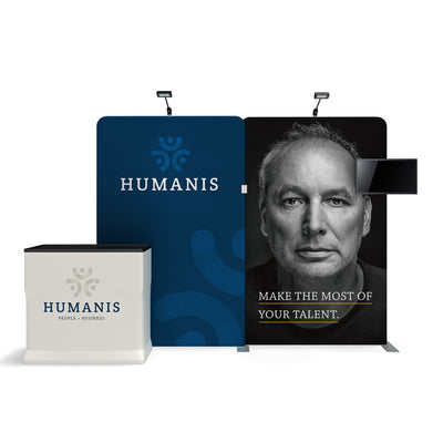 Trade show display with large banner, monitor, and branded counter for exhibitions and events